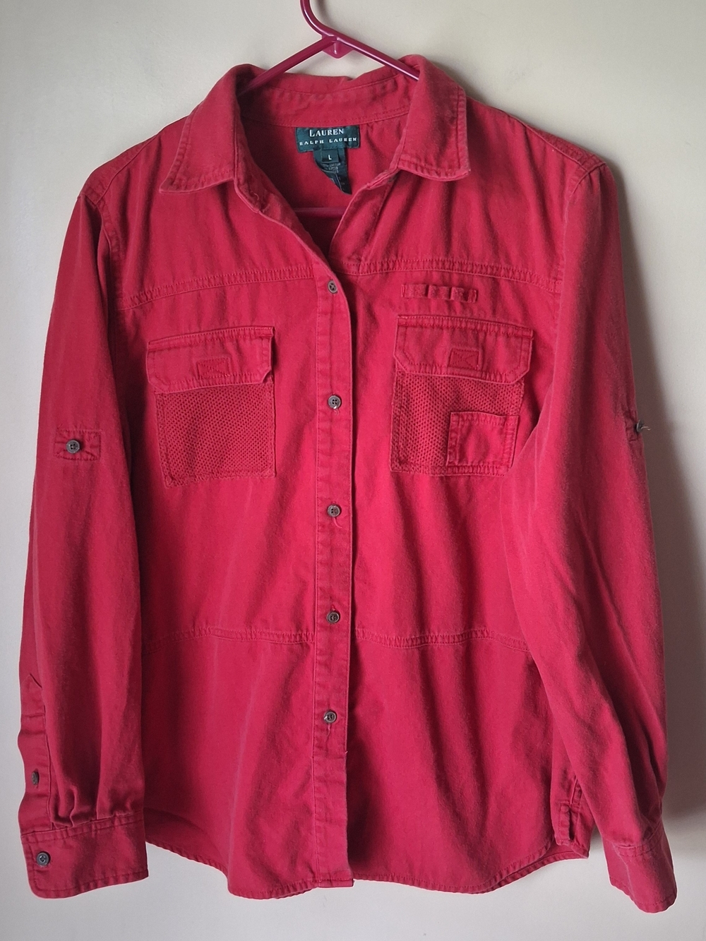 Lauren Ralph Lauren Women’s Dry Goods Red Maine Fly Fishing Button Shirt; Sz. L